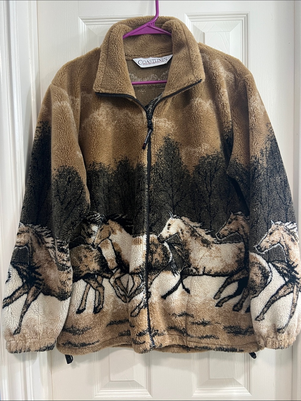 Brown Horse-Print Teddy Zip Jacket